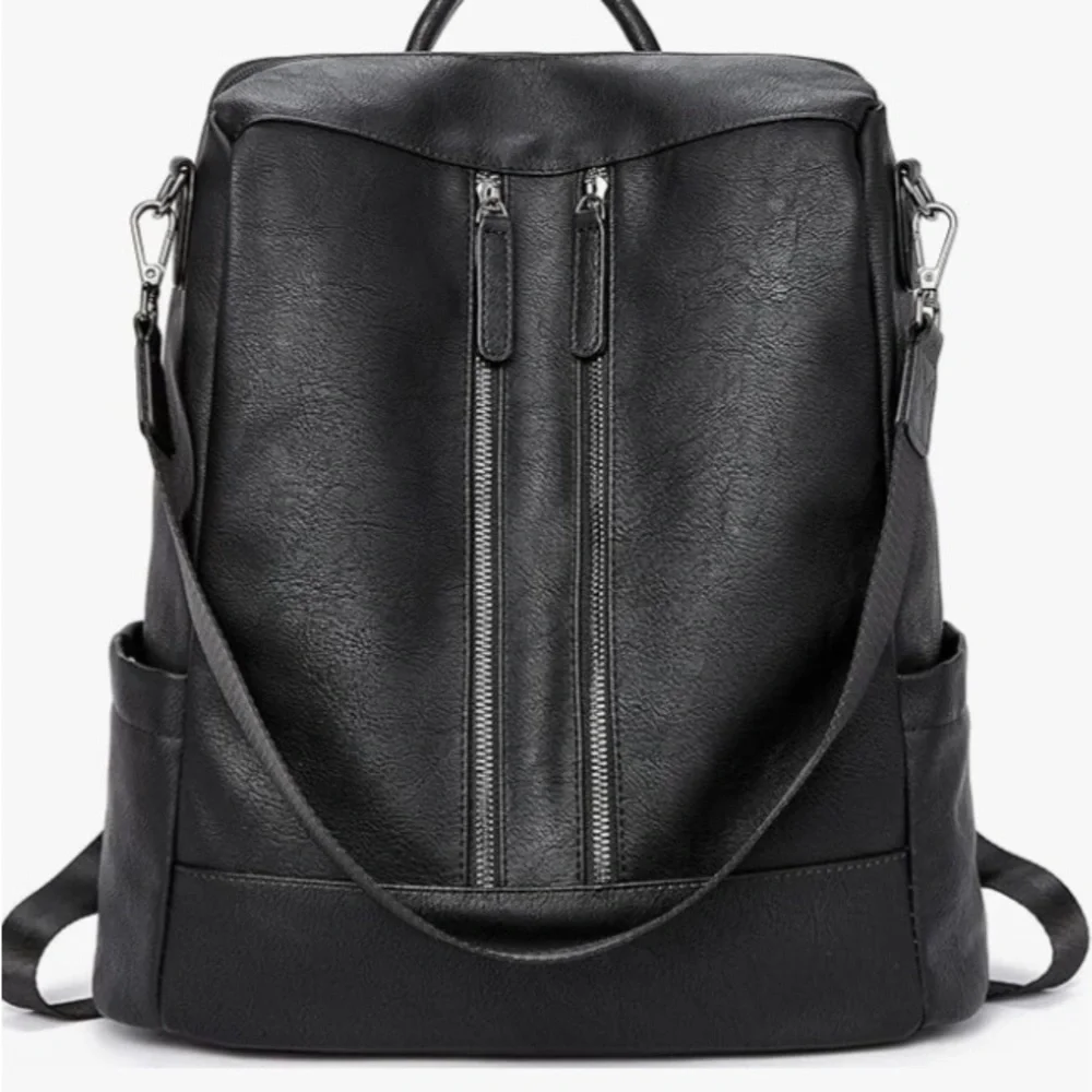 Women's Black Faux Leather Convertible Shoulder Bag Backpack